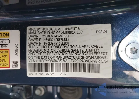 2024 Honda Accord Hybrid Ex-L from USA, damaged, VIN 1HGCY2F6XRA057568